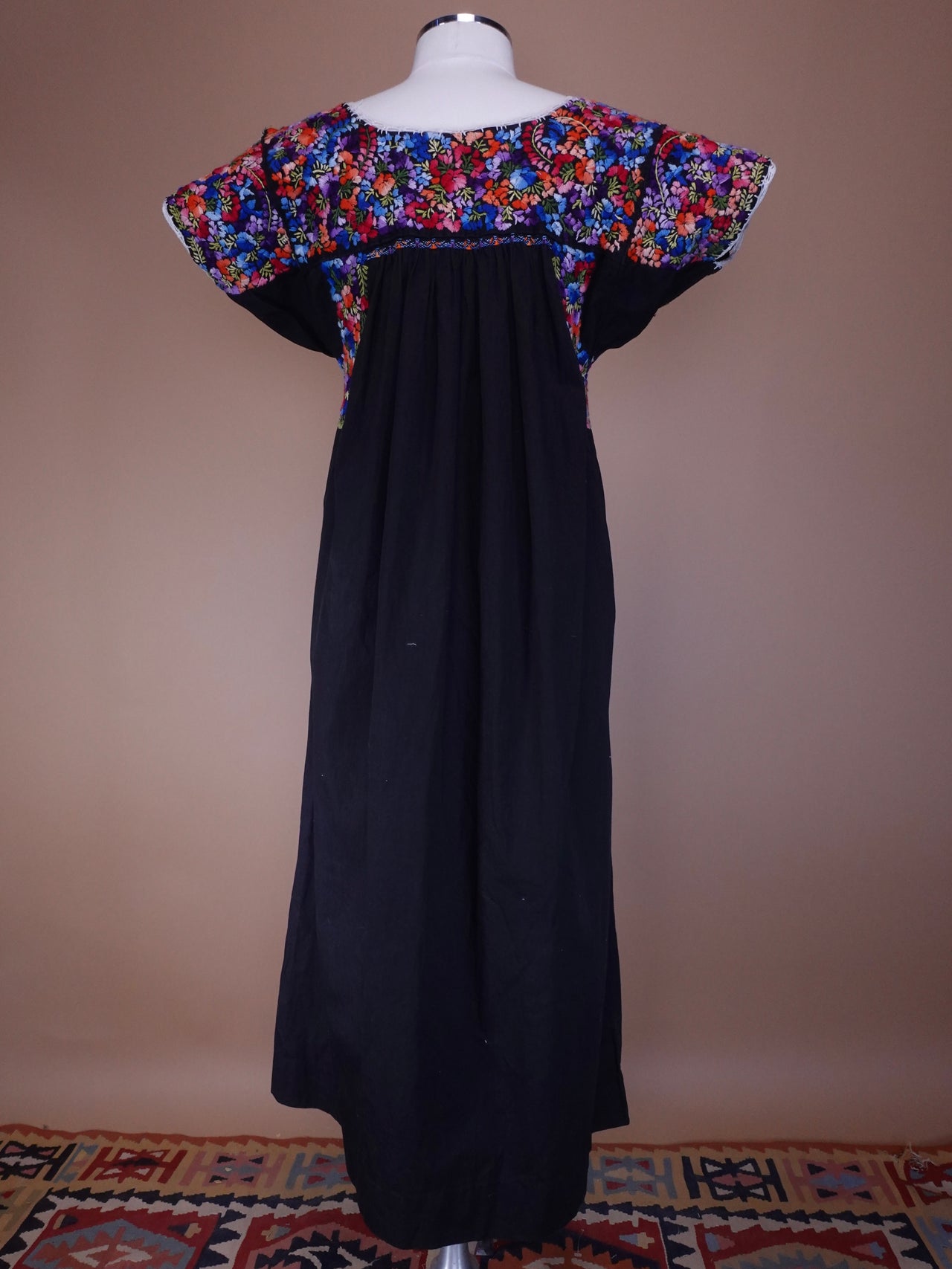1970s - Black Mexican Hand Embroidered Maxi Length Wedding Dress