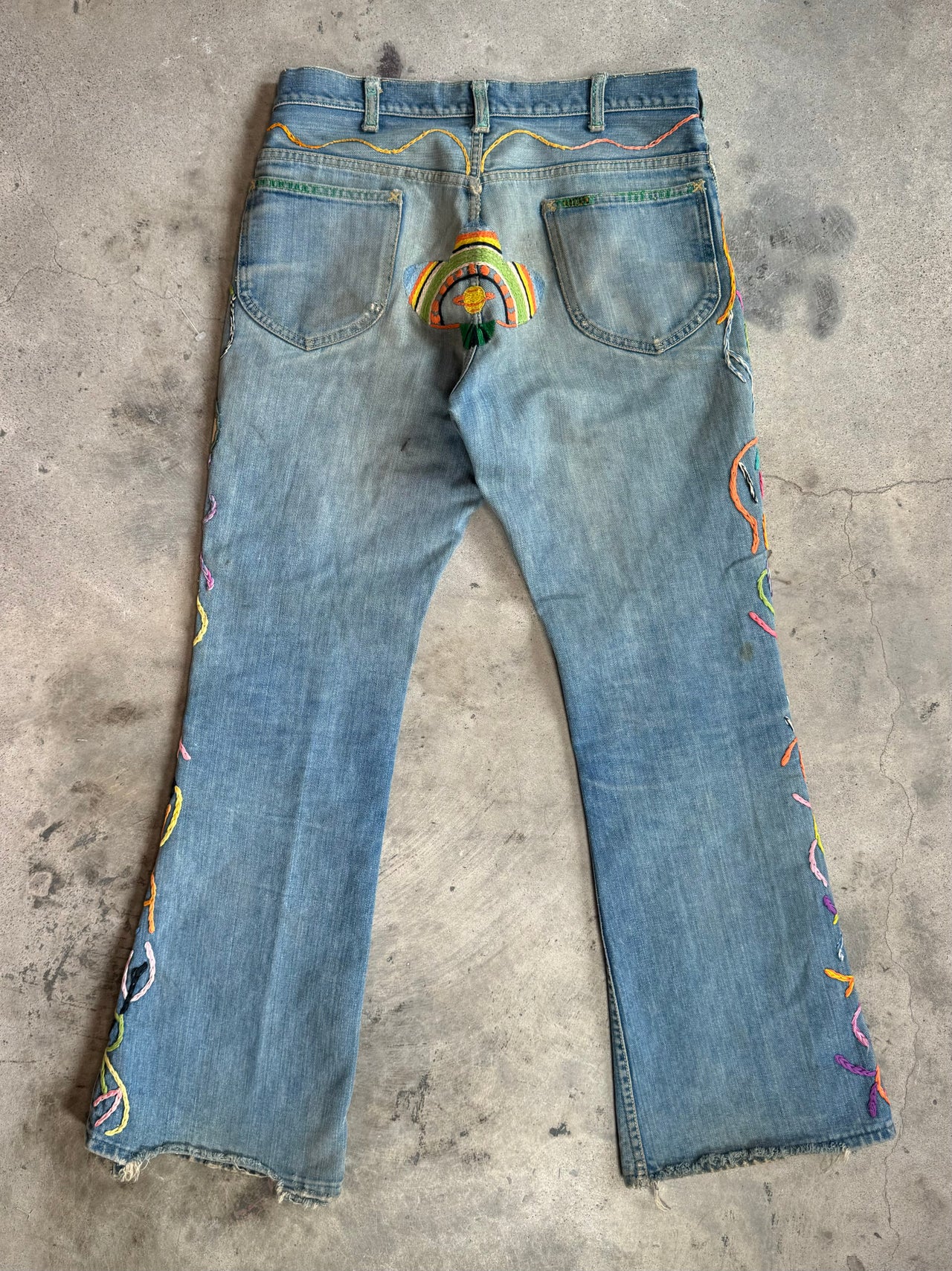 1970s - Lee Hand Embroidered Flared Denim Jeans “Legalize Pot”
