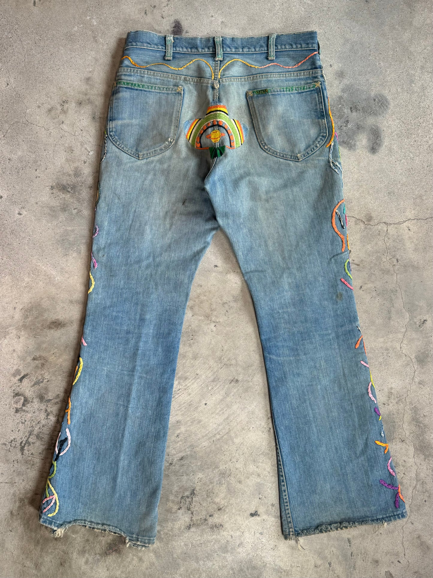 1970s - Lee Hand Embroidered Flared Denim Jeans “Legalize Pot”