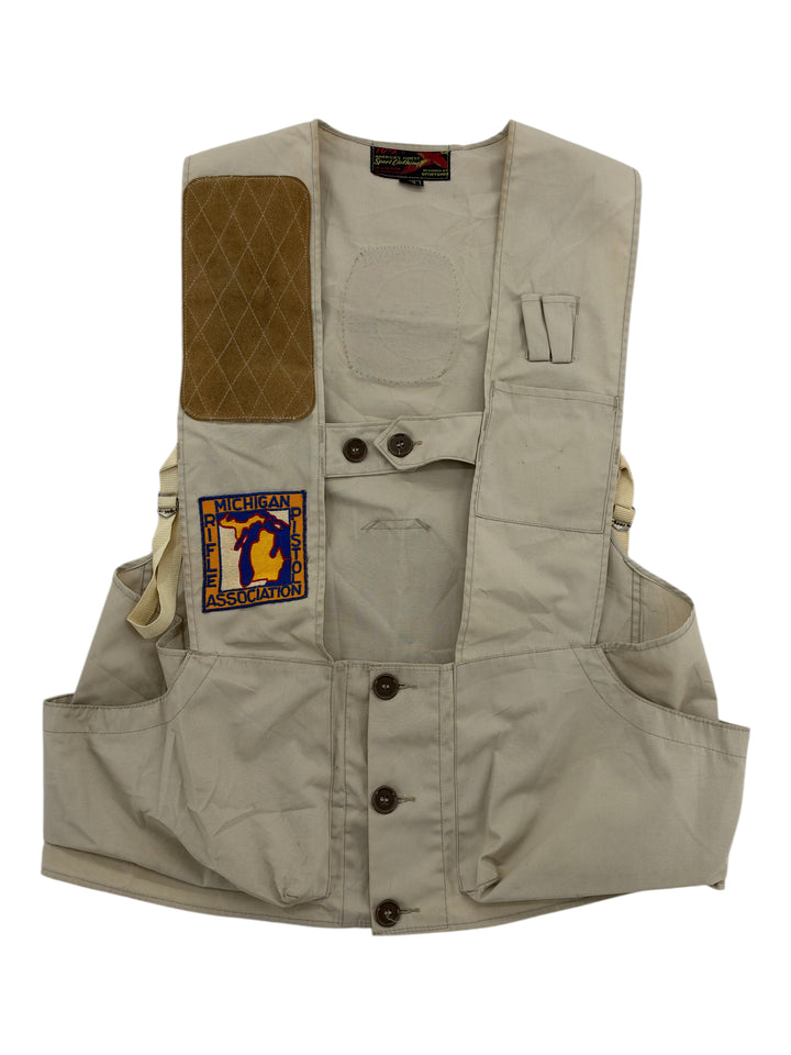 Exile Vintage 1970s beige shooting vest with brown quilted shoulder patch and Michigan Rifle Association logo patch