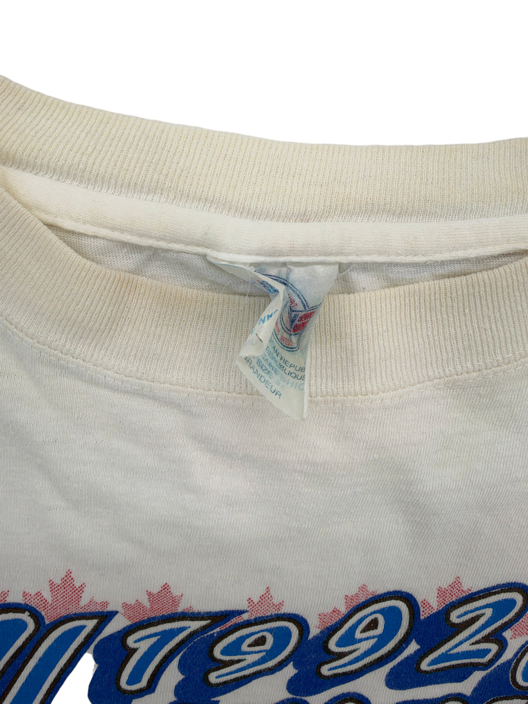 Exile Vintage white 1992 Blue Jays Champions t-shirt showing the inner neck label and collar detail