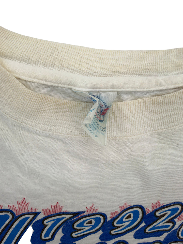 Exile Vintage white 1992 Blue Jays Champions t-shirt showing the inner neck label and collar detail