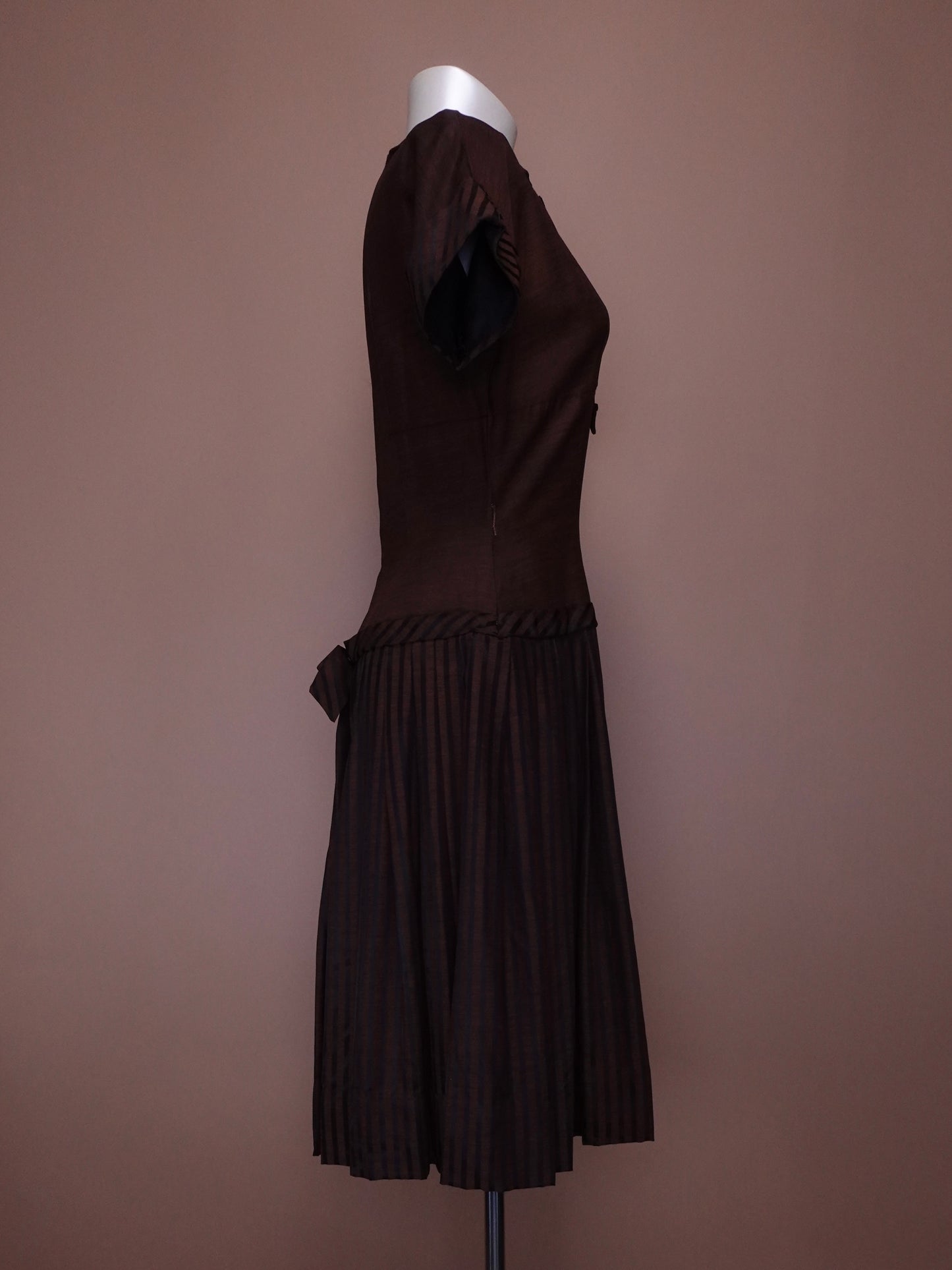 1950s - Brown and Black Stripe Dress with Bow Collar