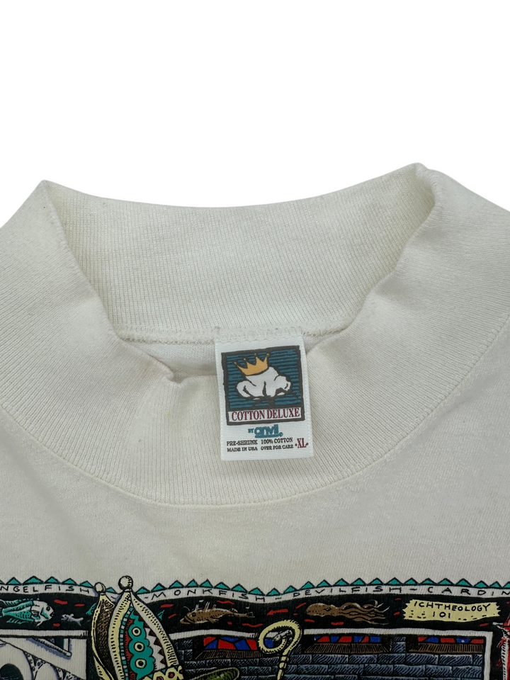 Exile Vintage 1990s The Archfishop crewneck sweatshirt with Anvil tag, size XL, white cotton fabric.