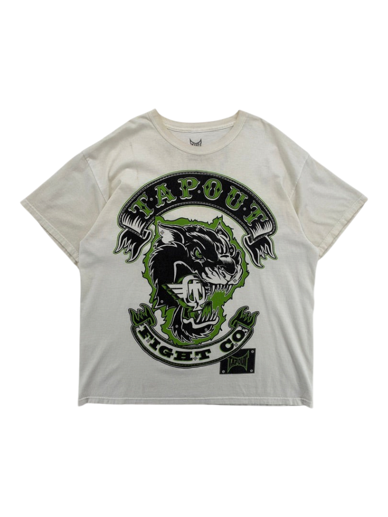 Exile Vintage cream Tapout Fight Co t-shirt with a black and green panther graphic print, size XL.