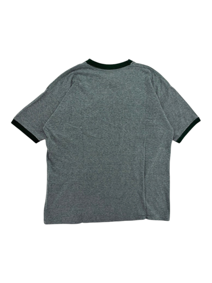 Back view of a vintage Exile Vintage 1970s Cinnamon Bay grey ringer t-shirt with dark green trim