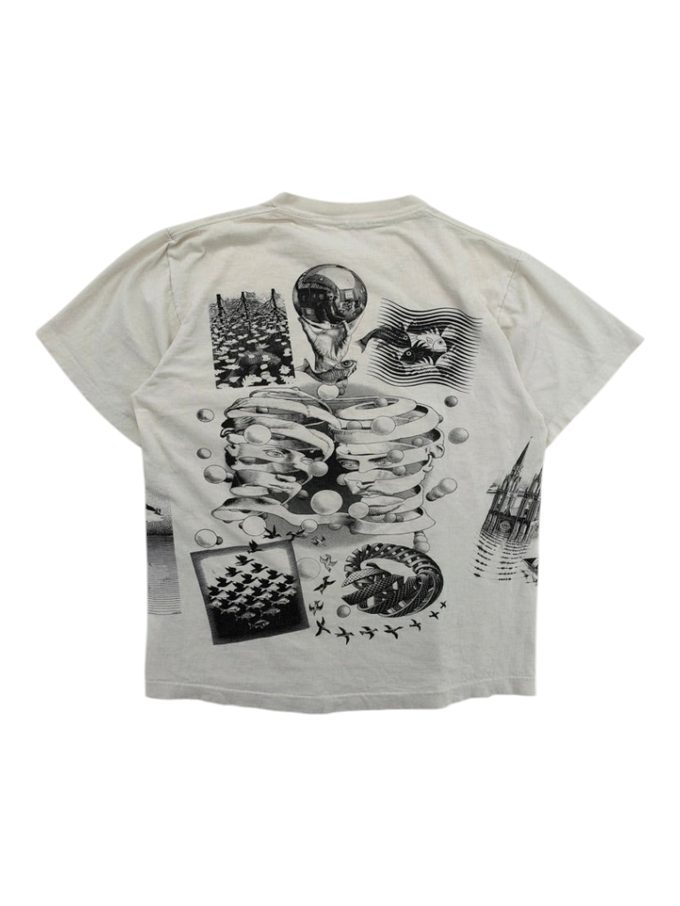 Exile Vintage 1990s Andazia M.C. Escher all-over print white t-shirt with surrealist graphic art on the back