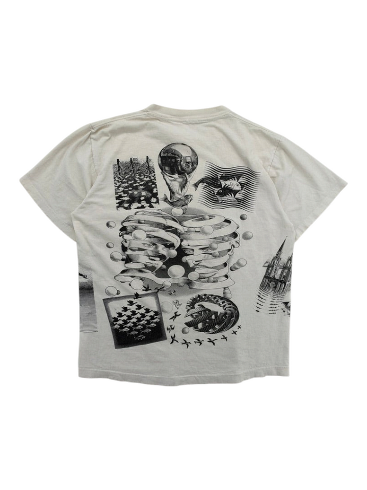 Exile Vintage 1990s Andazia M.C. Escher all-over print white t-shirt with surrealist graphic art on the back