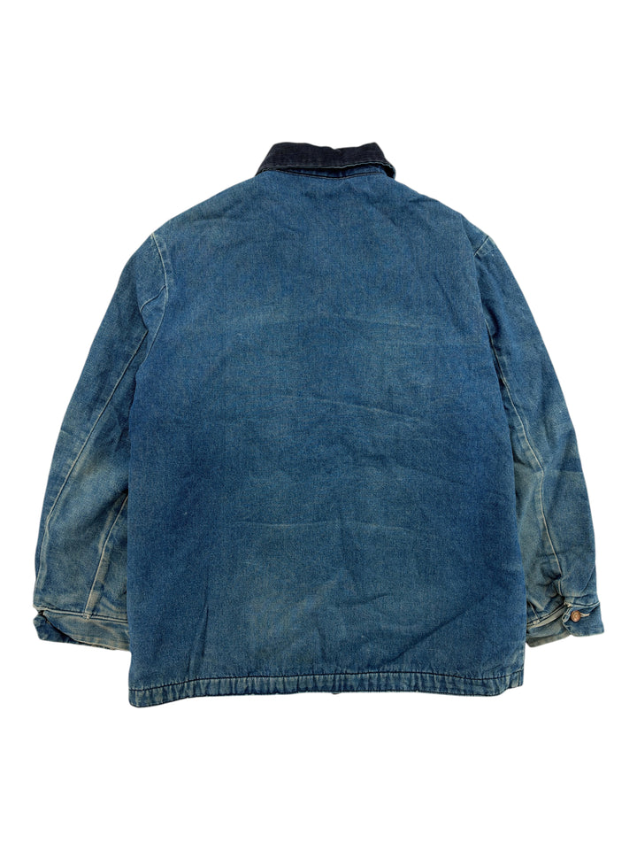 Exile Vintage 1980s Big Ben chore coat in blue denim with a dark corduroy collar, back view of XL workwear jacket.