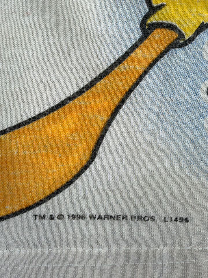 Exile Vintage 1996 Warner Bros Looney Tunes graphic t-shirt detail showing copyright print on white cotton fabric