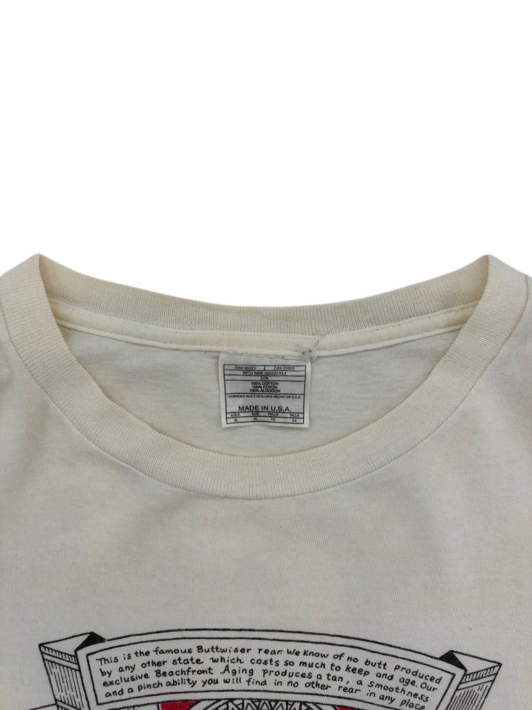 Exile Vintage 1990s Buttwiser humour t-shirt collar and interior size label showing 100 percent cotton material