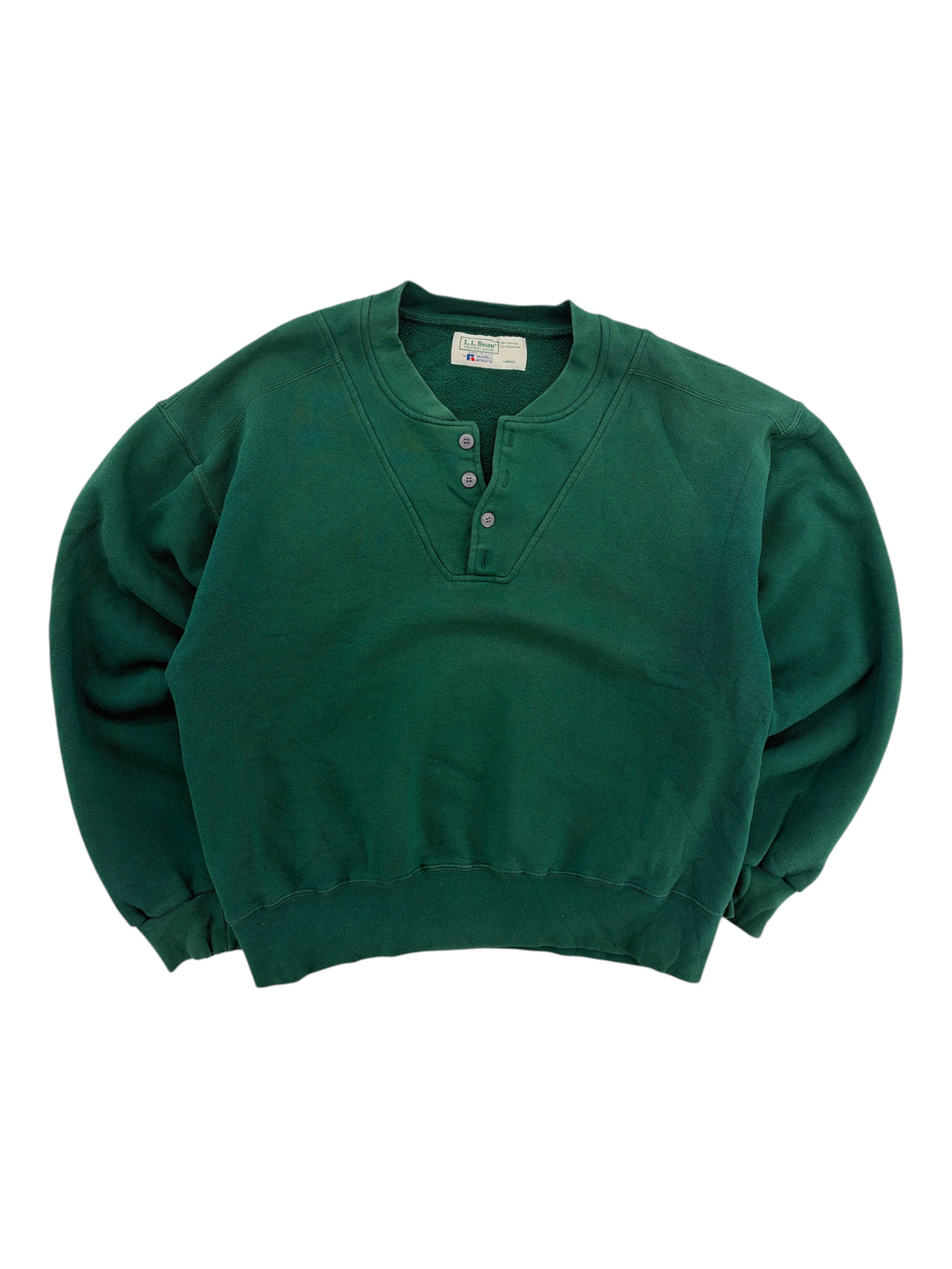 Exile Vintage 1980s L.L. Bean green henley crewneck sweatshirt with a three-button placket and ribbed cuffs.