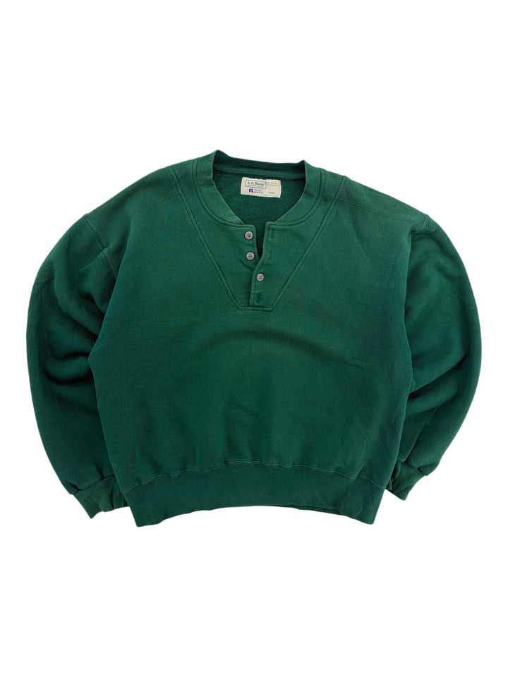 Exile Vintage 1980s L.L. Bean green henley crewneck sweatshirt with a three-button placket and ribbed cuffs.