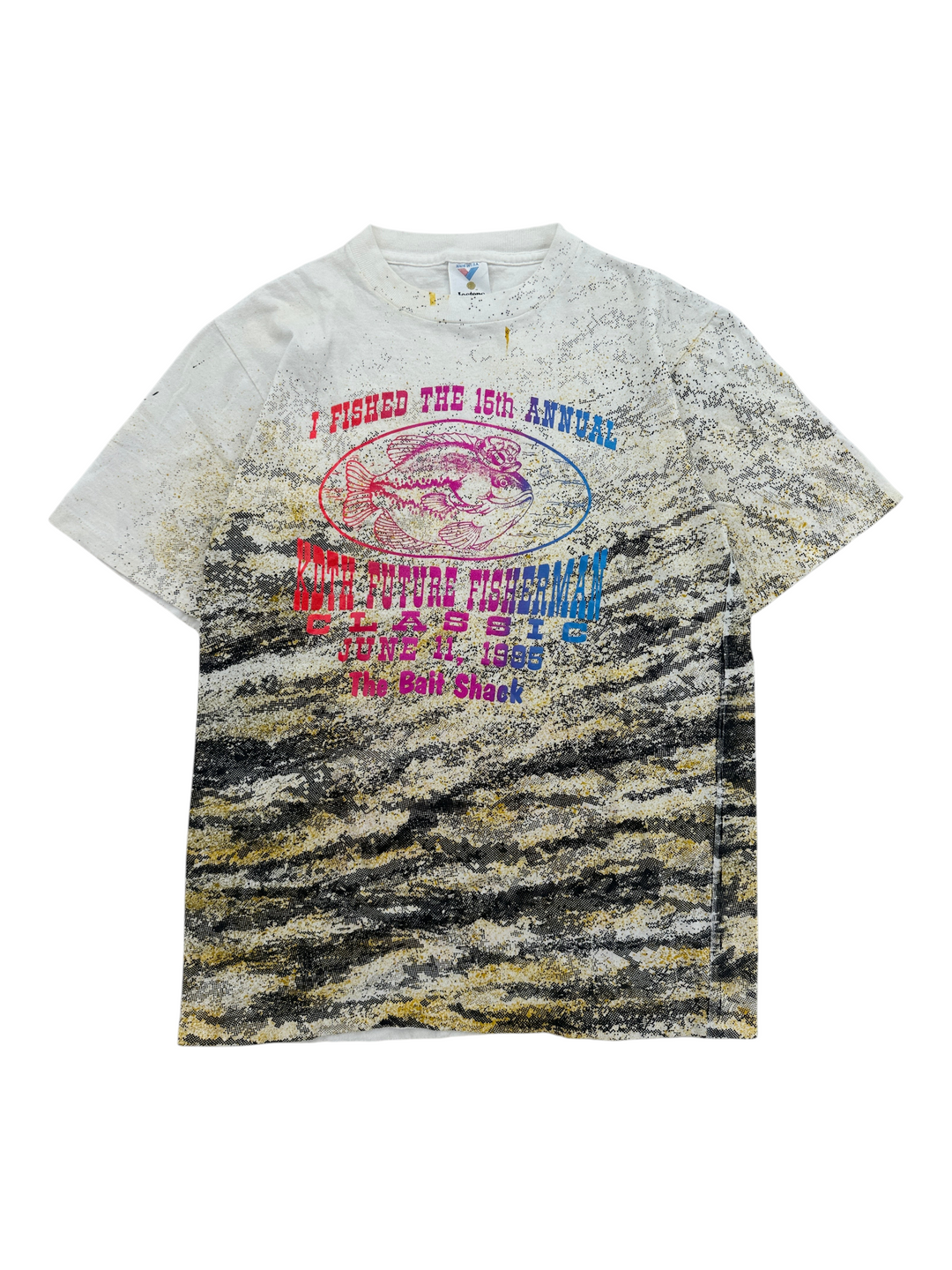 Exile Vintage 1990s Koth Future Fisherman graphic t-shirt with a distressed black, gold, and white camo-style print.