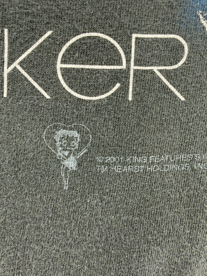 Exile Vintage 2000s Betty Boop biker t-shirt detail showing the 2001 copyright print on black cotton fabric