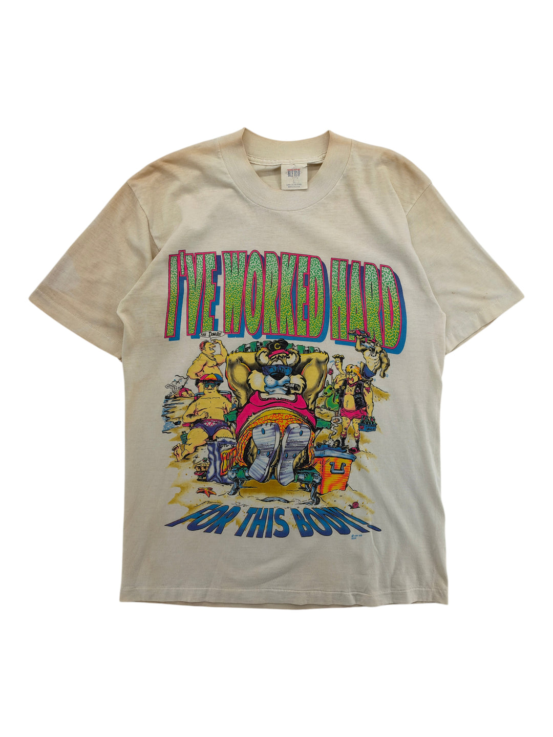 Exile Vintage 1990s cream cotton t-shirt featuring a colorful I've Worked Hard For This Body graphic print