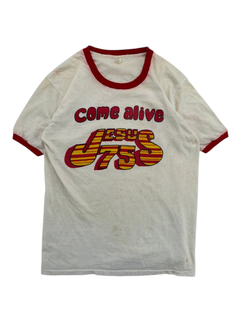 Exile Vintage 1970s white ringer t-shirt with red trim and Come Alive Jesus 75 graphic print