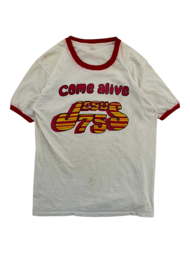 Exile Vintage 1970s white ringer t-shirt with red trim and Come Alive Jesus 75 graphic print