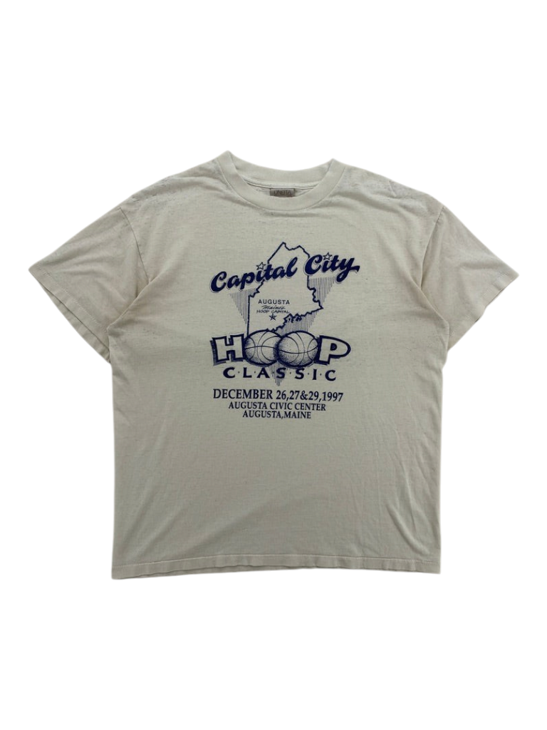 Exile Vintage 1990s beige graphic basketball t-shirt featuring Capital City Hoop Classic print in navy blue