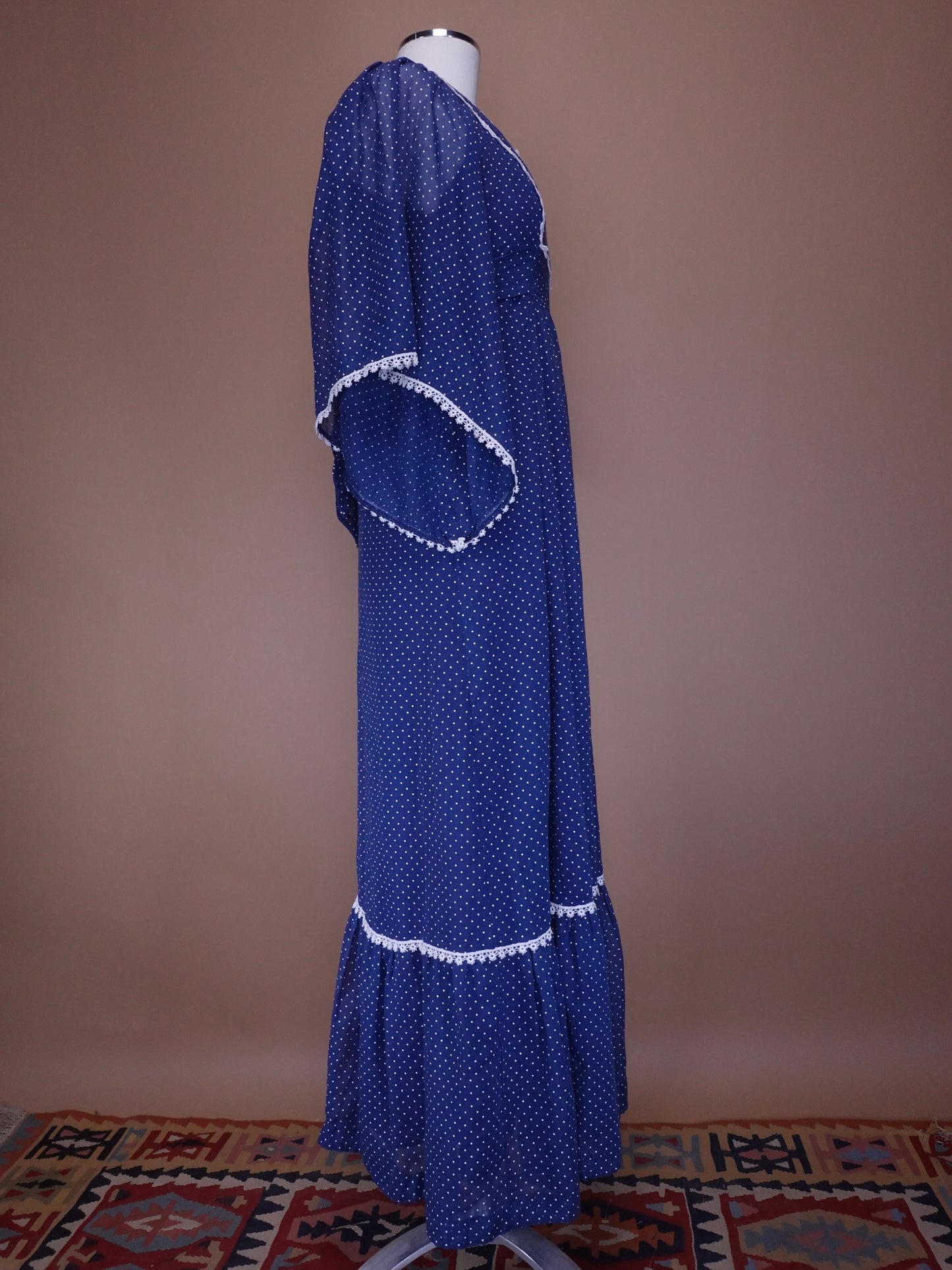 1970S - Lori Ann Navy Blue Swiss Dot Maxi Length Prairie Cotton Dress