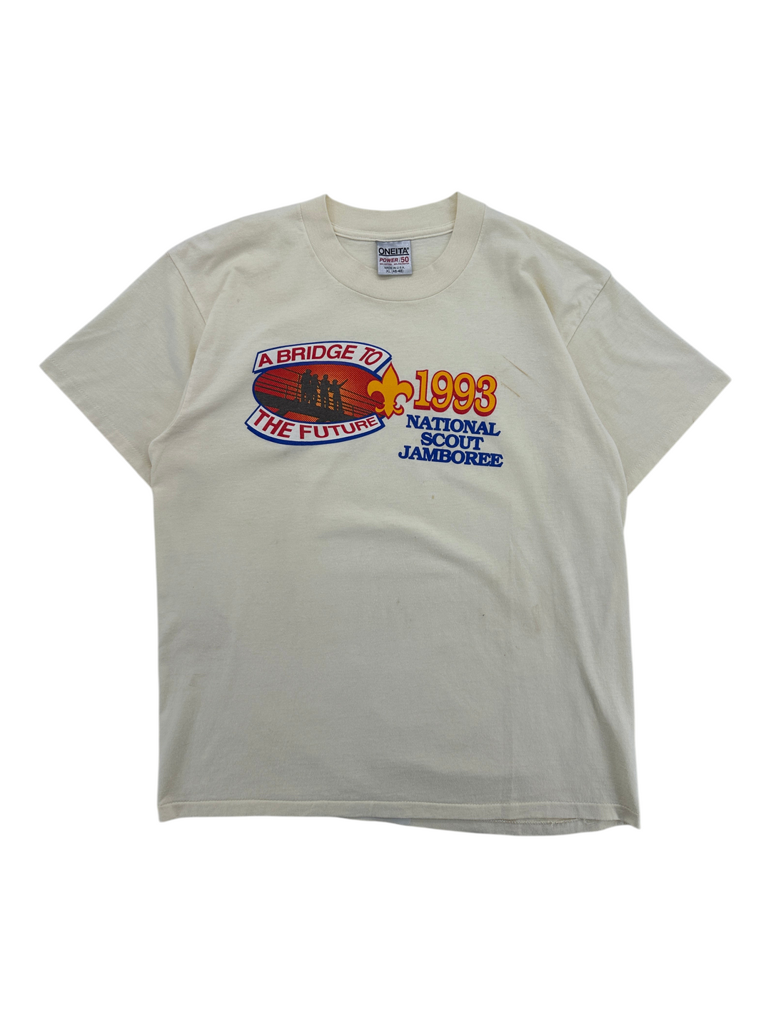Exile Vintage 1993 National Scout Jamboree cream graphic t-shirt with A Bridge to the Future print in size XL