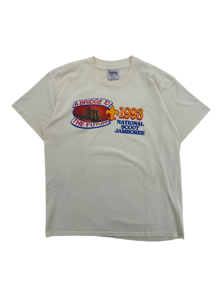 Exile Vintage 1993 National Scout Jamboree cream graphic t-shirt with A Bridge to the Future print in size XL