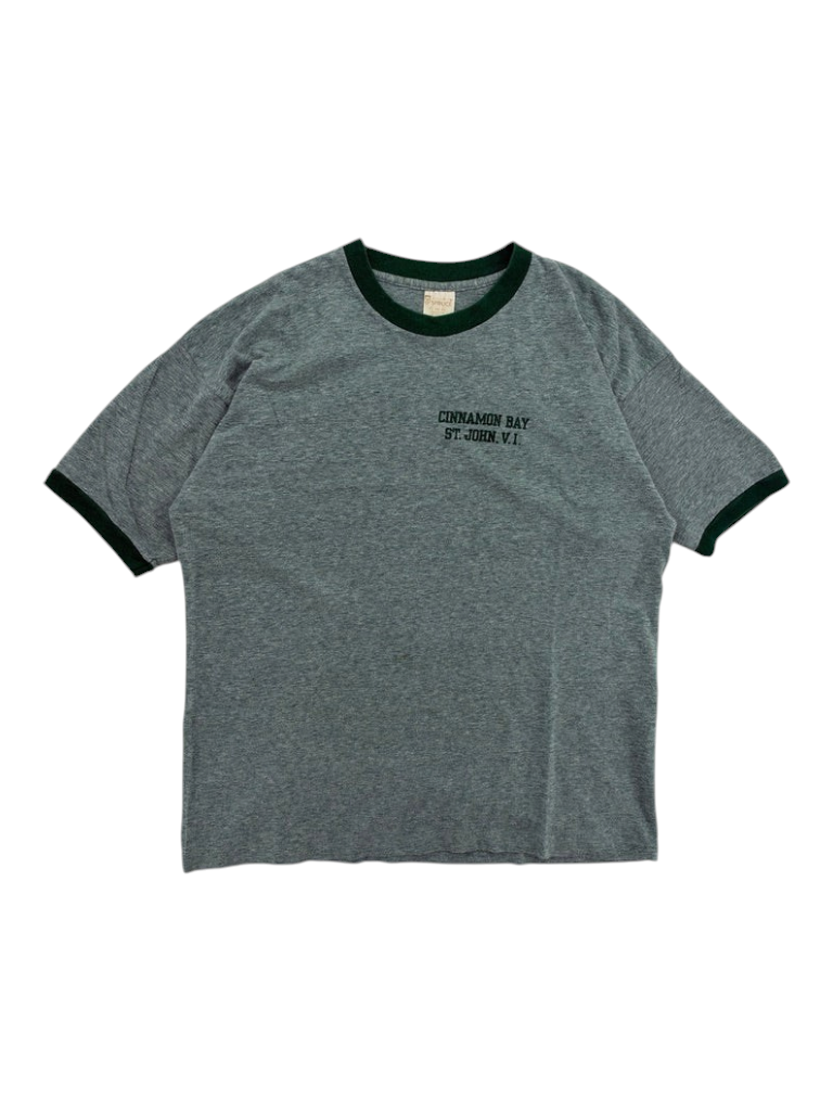 Exile Vintage 1970s grey ringer t-shirt with dark green trim and Cinnamon Bay St. John V.I. chest graphic