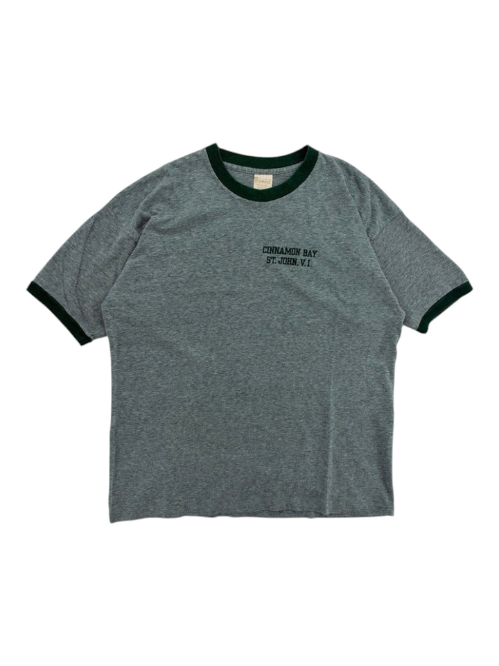Exile Vintage 1970s grey ringer t-shirt with dark green trim and Cinnamon Bay St. John V.I. chest graphic