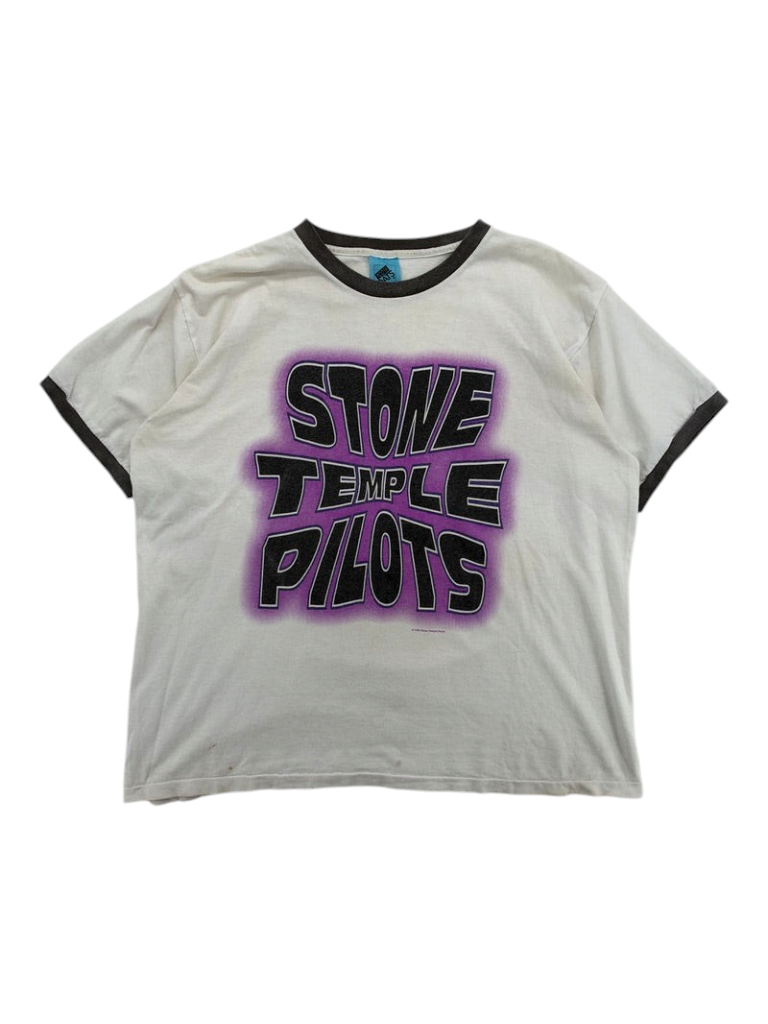 Exile Vintage 1990s Stone Temple Pilots ringer t-shirt in white with black trim and purple band logo graphic
