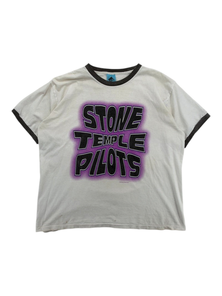 Exile Vintage 1990s Stone Temple Pilots ringer t-shirt in white with black trim and purple band logo graphic