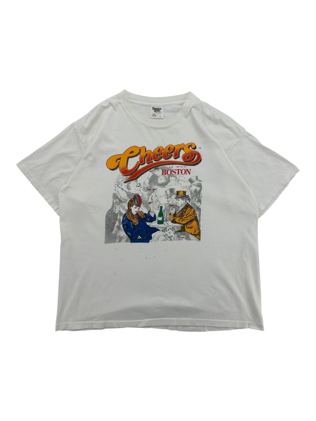 Exile Vintage 1990s white Cheers Boston graphic t-shirt featuring a vintage bar scene illustration in size XL