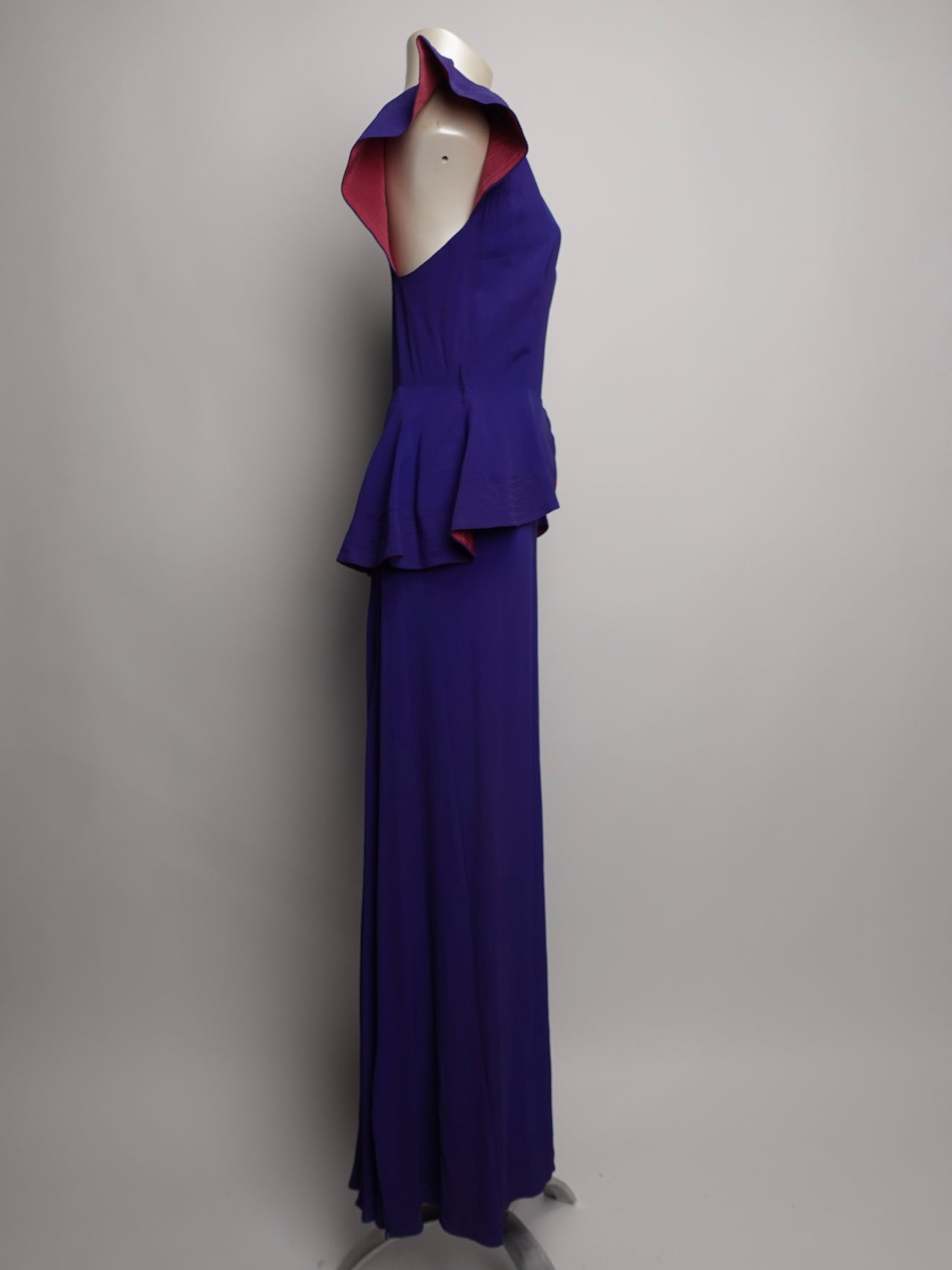 1930S/40S - SILK CREPE STRUCTURAL GOWN WITH HIP PEPLUM  IN INDIGO PURPLE