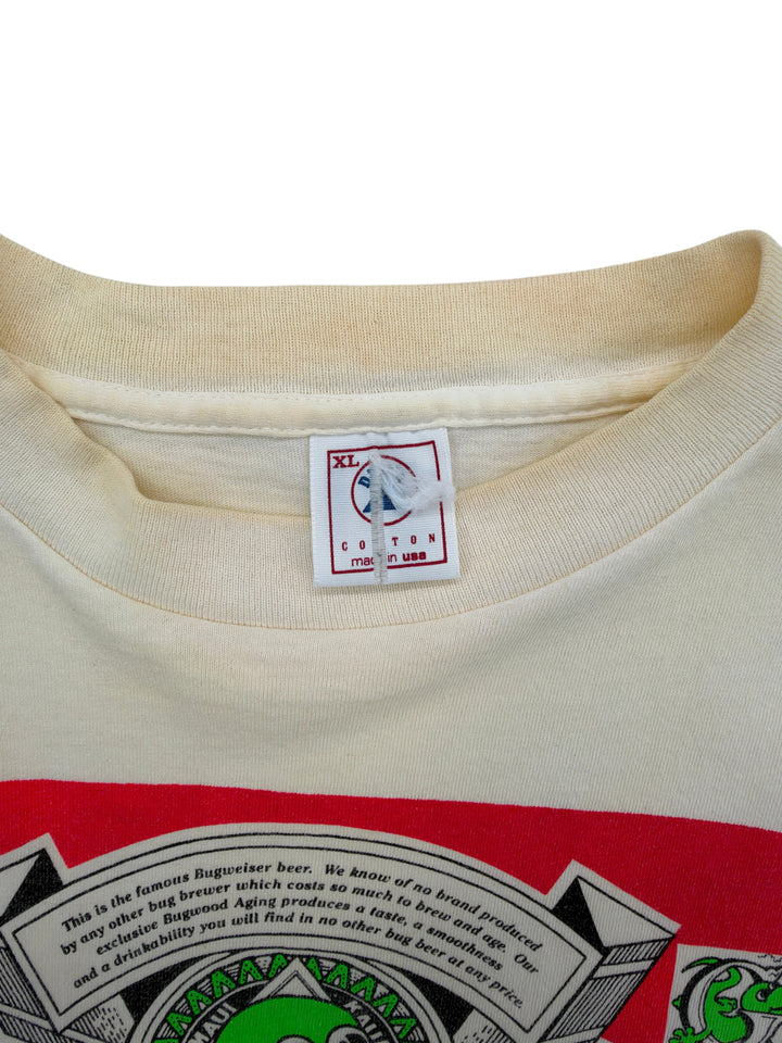 Exile Vintage 1990s Bugweiser Gecko graphic t-shirt in cream cotton with XL size tag detail