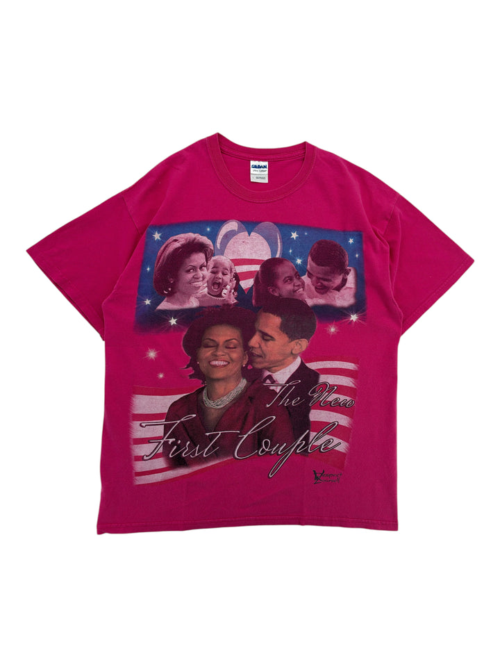 Exile Vintage pink 2000s Obama The New First Couple graphic t-shirt with patriotic flag and heart design