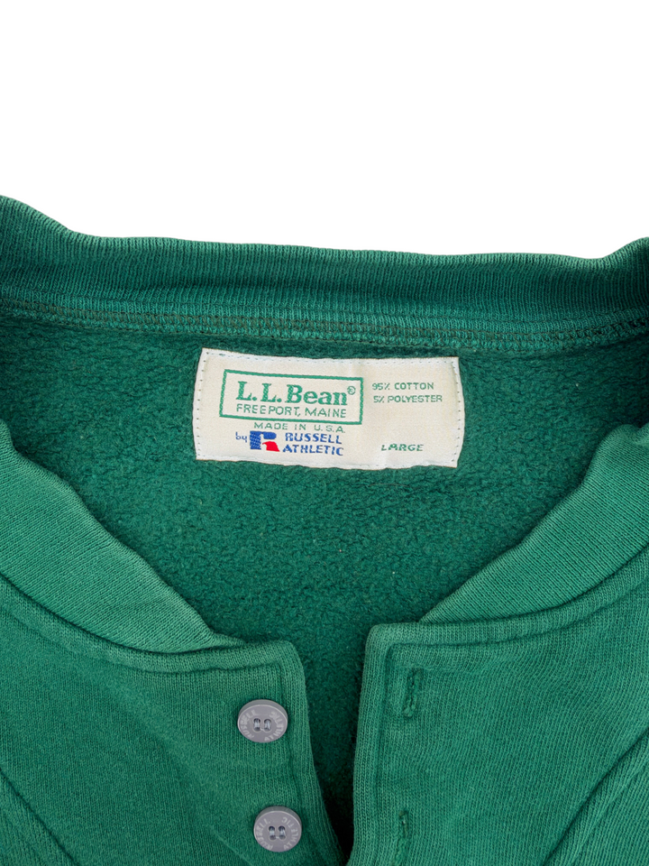 Exile Vintage green 1980s L.L. Bean Russell Athletic henley crewneck label and button placket detail