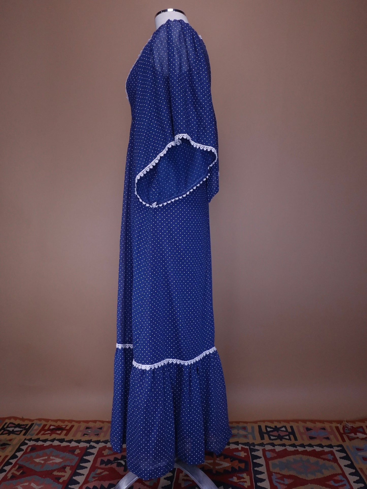 1970S - Lori Ann Navy Blue Swiss Dot Maxi Length Prairie Cotton Dress