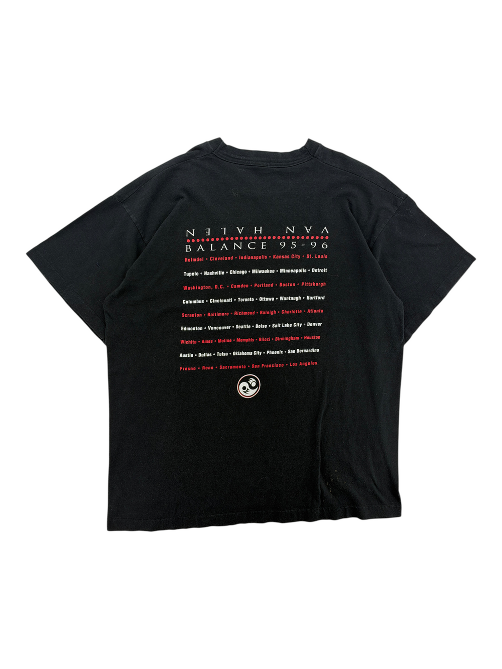 Exile Vintage black 1990s Van Halen Balance 95-96 tour t-shirt back view with concert dates printed in red and white