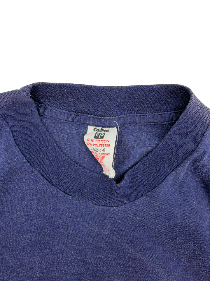 Exile Vintage navy blue 1980s t-shirt collar with vintage Co-Pac cotton polyester blend fabric tag