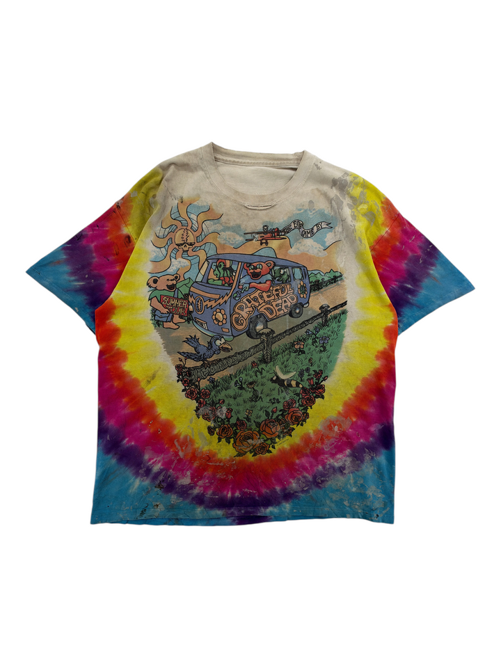 Exile Vintage 2000s Grateful Dead tie-dye graphic t-shirt featuring a colorful tour bus illustration in size XL