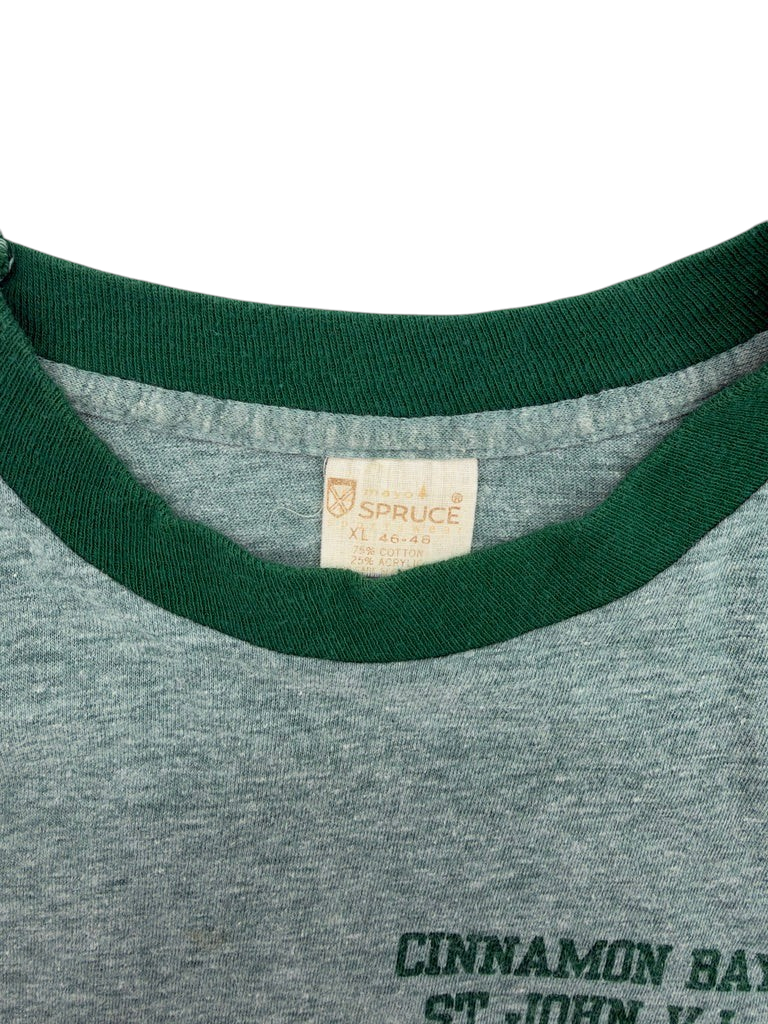 Exile Vintage 1970s grey and green ringer t-shirt with Mayo Spruce tag and Cinnamon Bay graphic