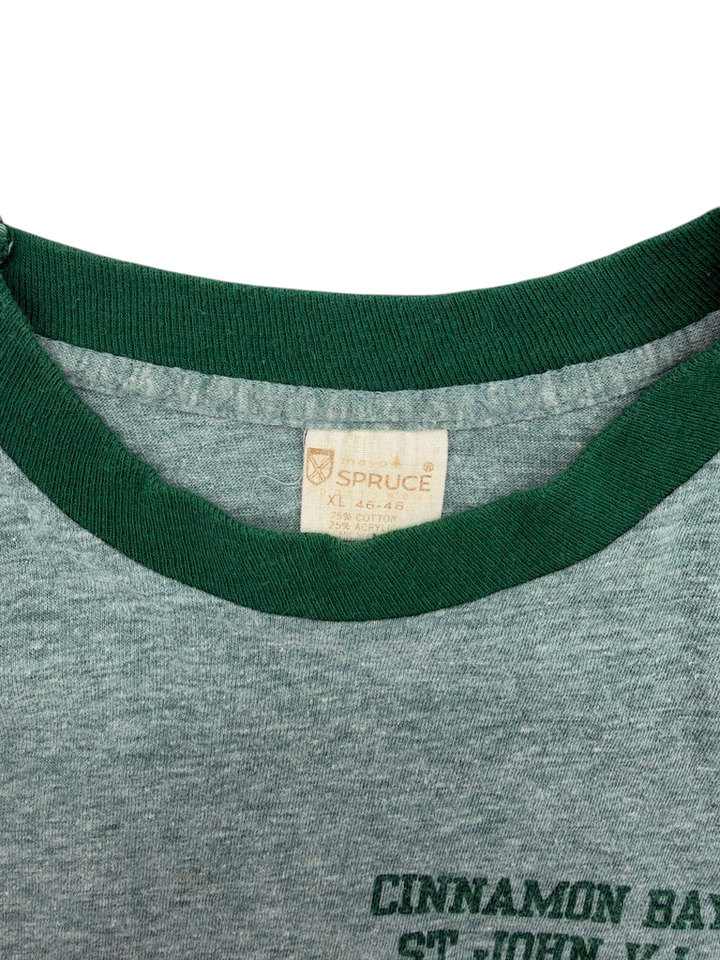 Exile Vintage 1970s grey and green ringer t-shirt with Mayo Spruce tag and Cinnamon Bay graphic