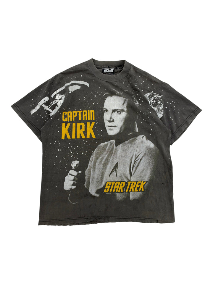 Exile Vintage 1990s Star Trek Captain Kirk all-over print black t-shirt with graphic space design in size XL