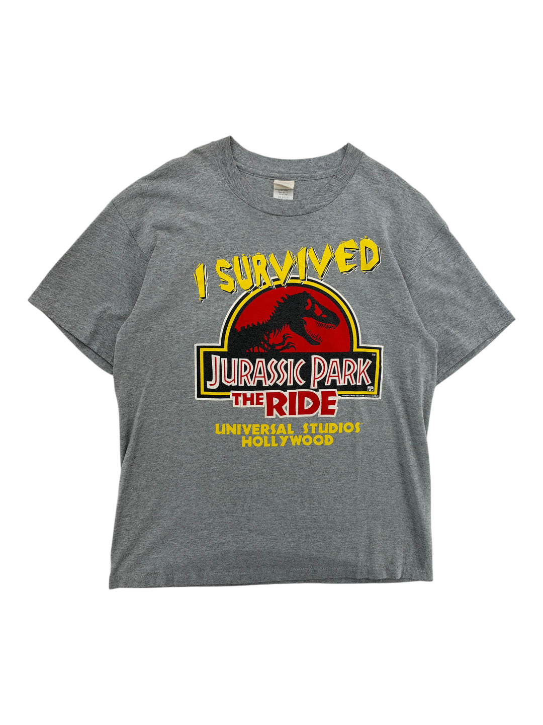 Exile Vintage grey 1990s Jurassic Park The Ride graphic t-shirt with Universal Studios Hollywood logo in size XL