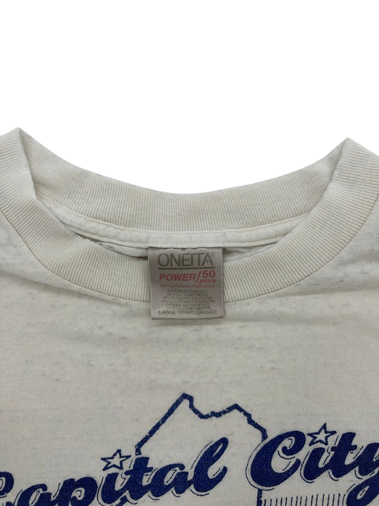 Exile Vintage 1990s basketball t-shirt featuring a white cotton blend fabric and Oneita Power 50 tag