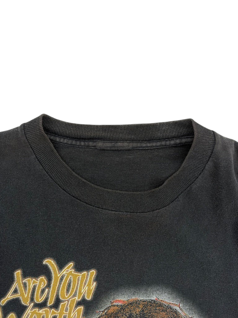 Exile Vintage black 1990s Jesus Are You Worth Dying For graphic t-shirt with a ribbed crew neck collar