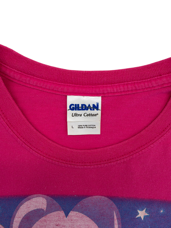 Exile Vintage pink Gildan Ultra Cotton t-shirt neck label showing size L and 100 percent cotton material