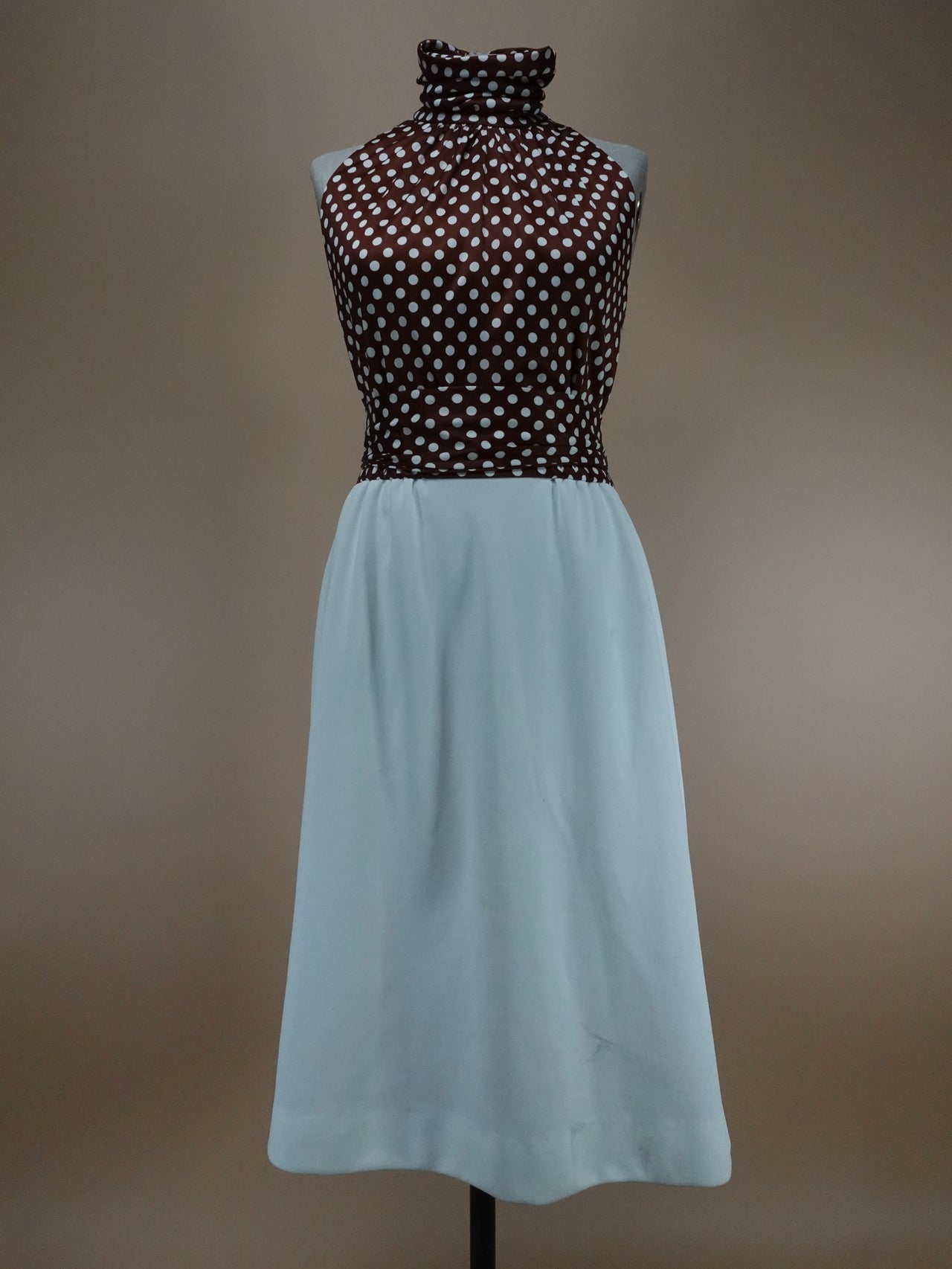 Vintage 1970s - Brown Polka Dot Sleeveless Polyester Midi Dress With Turtle Neck