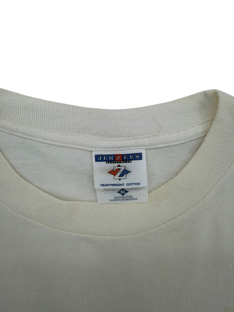 Exile Vintage white Jerzees cotton t-shirt neck label showing size XL and 1990s branding