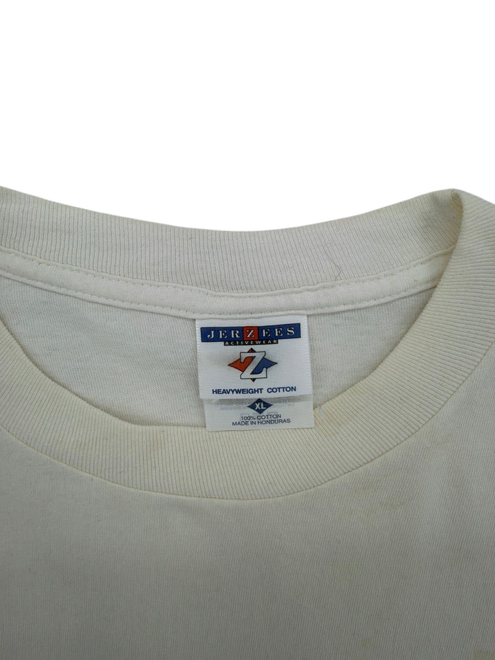 Exile Vintage white Jerzees cotton t-shirt neck label showing size XL and 1990s branding