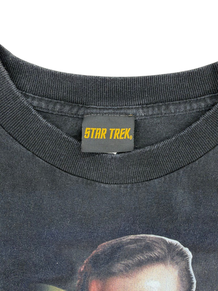 Exile Vintage 1990s Star Trek Captain Kirk t-shirt featuring a black crew neck collar and official brand tag